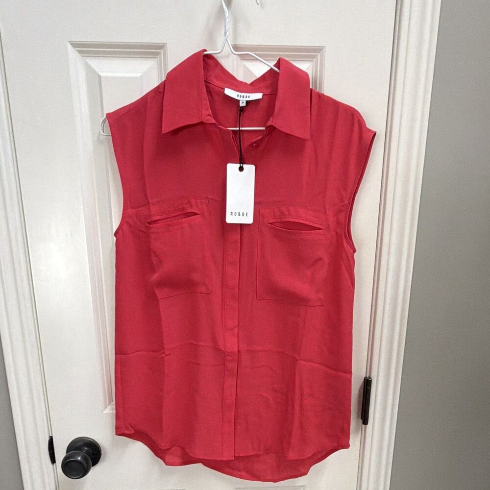 RO&DE Sleeveless Button Up Shirt Coral Red Collared Blouse Pockets Womens M NWT